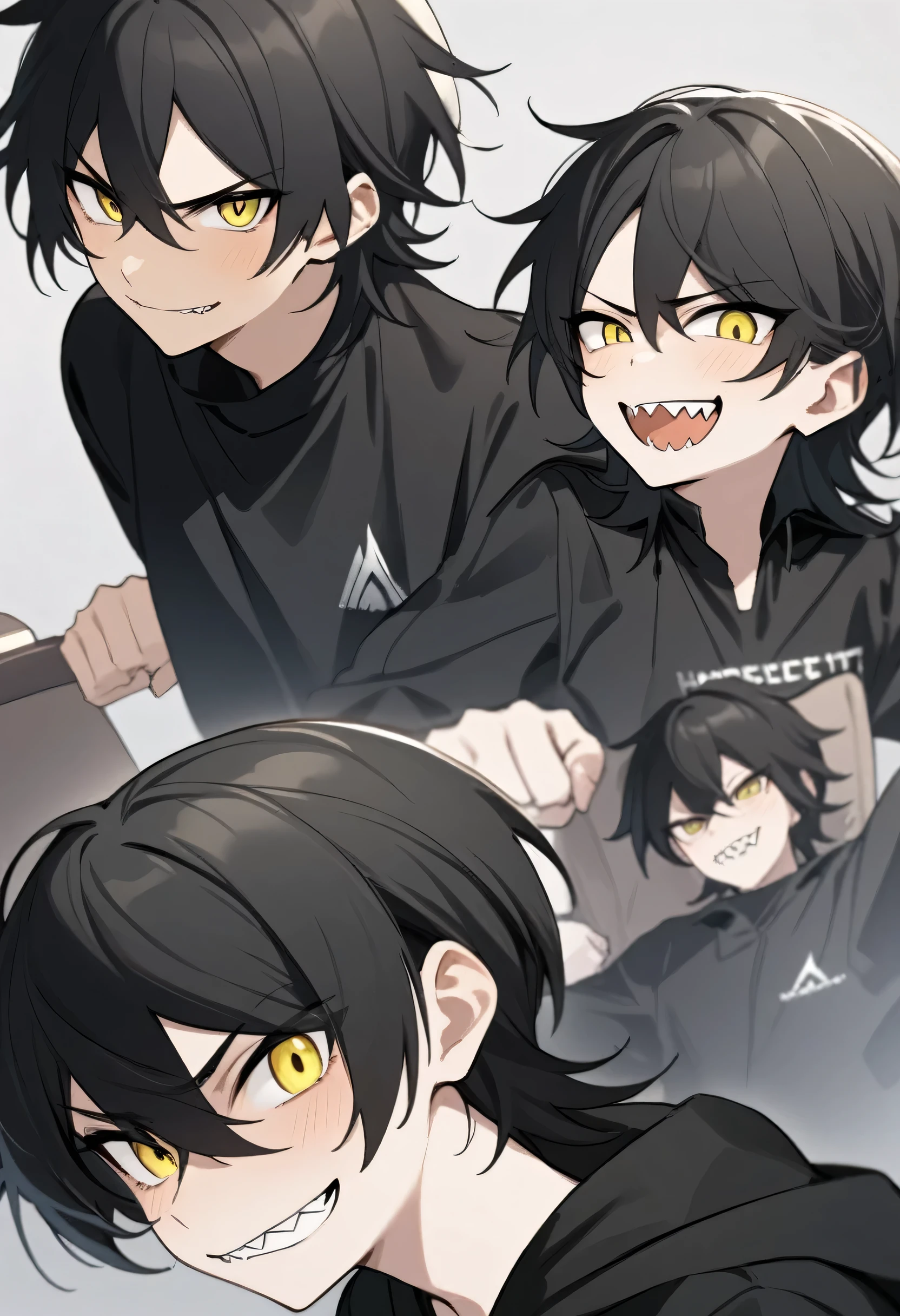 A guy, androgynous, ager, very short black hair. Yellow eyes, sharp teeth, hostile smile. Men's black clothing, cool pose (best quality).