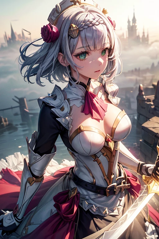 [noelledef]:1.5,((masterpiece,highest quality,Detailed images,Beautiful images))1.4(noelle images、Bob Hair、Equip the Bastard Sword、floating city、The wind is blowing、Bright lighting overall、Backlight、A fantastic atmosphere、Thick Fog)1.1(Beautiful body lines)

