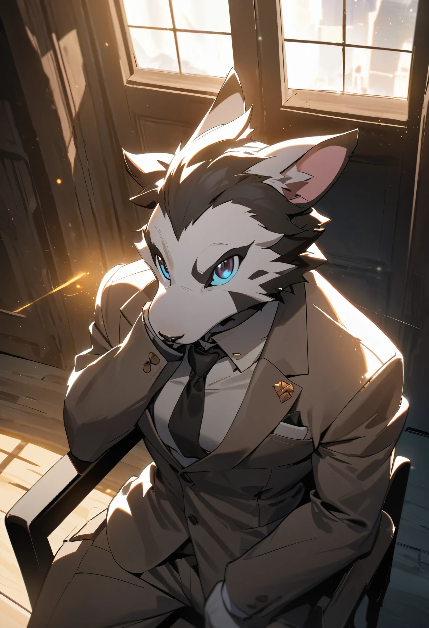 highres, top quality, best quality, paid reward available, High-quality illustrations, unparalleled masterpiece(1boy, kemono, suits, sitting on chair)neutral pose, thinking pose(furry anthro)absurdres, perfect anatomy, caustics, dynamic lighting, lens flare, cinematic shadow, cinematic angle,