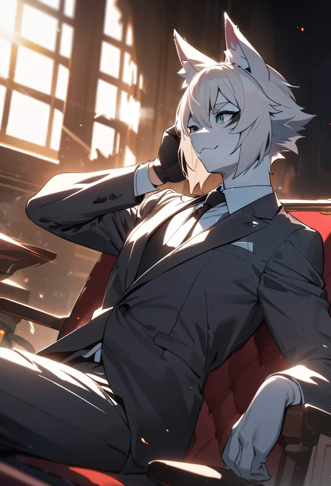 highres, top quality, best quality, paid reward available, High-quality illustrations, unparalleled masterpiece(1boy, kemono, suits, sitting on chair)neutral pose, thinking pose(furry anthro)absurdres, perfect anatomy, caustics, dynamic lighting, lens flare, cinematic shadow, cinematic angle,