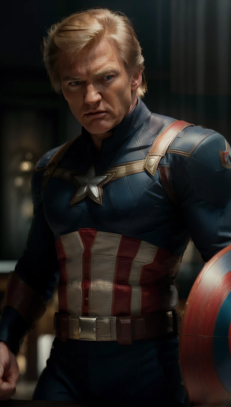 . .Tarantino style Donald Trump as Captain America 8k, high definition, detailed face, detailed face, detailed eyes, detailed suit, in style of marvel and dc, hyper-realistic, + cinematic shot + dynamic composition, incredibly detailed, sharpen, details + superb details + evening with light + perfectionism + award winning realism ((moody lighting))