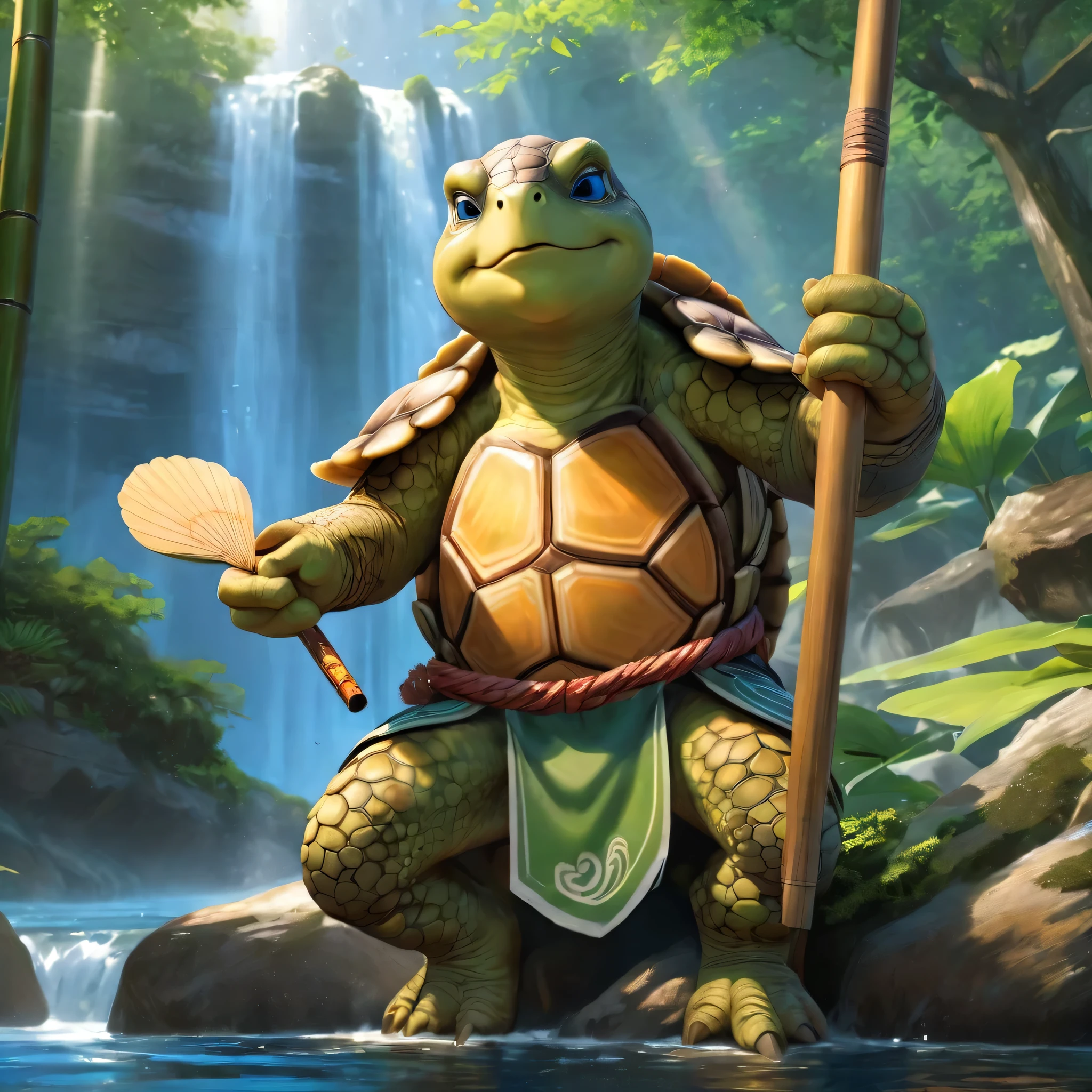 Anthropomorphism of the turtle，Long white beard，Wrinkled face，with a calm expression，Under the waterfall，In the moonlight，Ancient temple，Bonsai tree，bamboo forrest，Flowing rivers，(traditional martial arts uniform)，(Wooden staff)，surrounded by nature，harmonious balance，peacefulatmosphere，Wise eyes、weathered hands、a serene smile、Powerful energy、hidden strength、Fabulous creatures、(iconic turtle shell)、Mysterious knowledge、Ancient wisdom、beyond the reach of time and space、Ethereal light、master of nature、Keeper of secrets、Eternal existence、immortal protector、eternal life。(best quality,4k,8k,highres,masterpiece:1.2),ultra-detailed,(realistic,photorealistic,photo-realistic:1.37), HDR, UHD, studio lighting, ultra-fine painting, sharp focus, physically-based rendering, extreme detail description, professional, vivid colors, bokeh artistic style: concept artists, traditional painting, fantasy artwork color palette: earth tones, vibrant greens, serene blues, warm browns, golden accents lighting: soft natural light, gentle shadows, warm golden hour glow