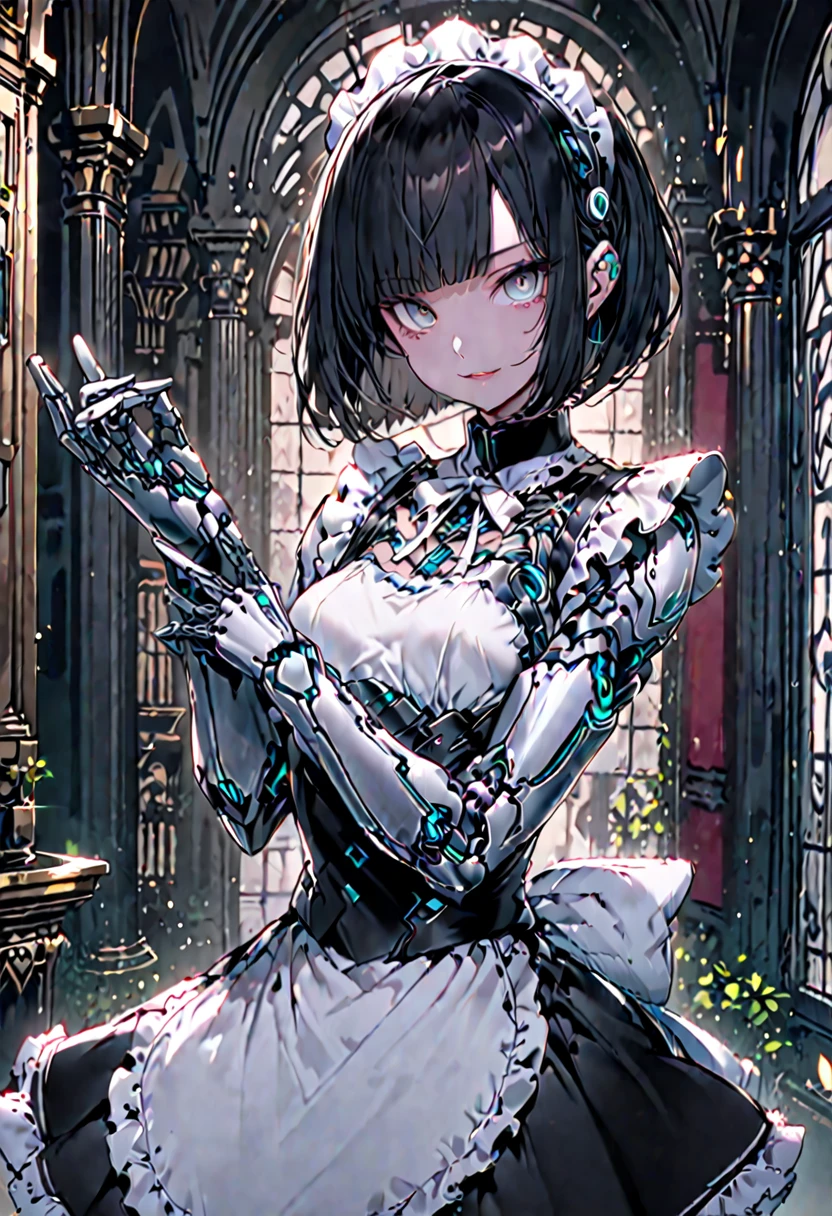 solo, female, sfw, medium shot, lithe, small breasts, bob cut hair, robot maid, elegant, mansion, maid gesture, gentle smile, maid, robot joints, robot hands, black hair, cybernetic eyes