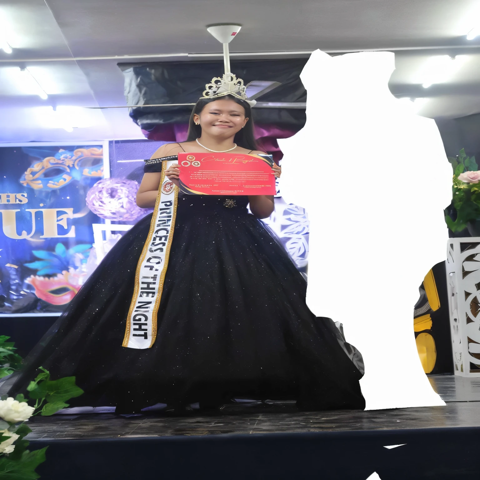 arafed woman in a black dress and a crown on a stage, 1 st winner, full dress, winner, with crown, crown and gown, black gown, nigth, queen of the night, she is about 1 6 years old, hight decorated, by :5, captured on canon eos r 6, with scepter and crown, full body photogenic shot. Repair the background in the right area