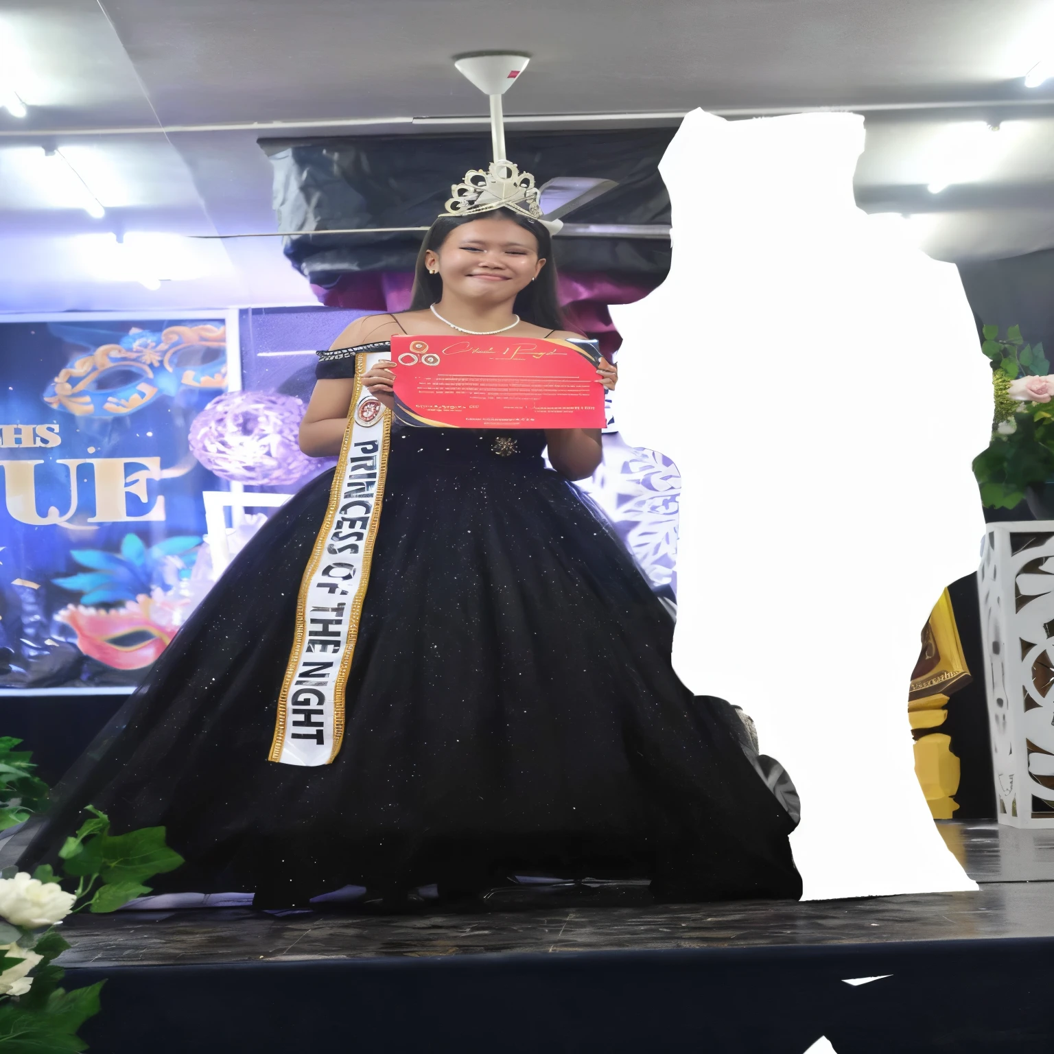 arafed woman in a black dress and a crown on a stage, 1 st winner, full dress, winner, with crown, crown and gown, black gown, nigth, queen of the night, she is about 1 6 , hight decorated, by :5, captured on canon eos r 6, with scepter and crown, full body photogenic shot. Repair the background in the right area 