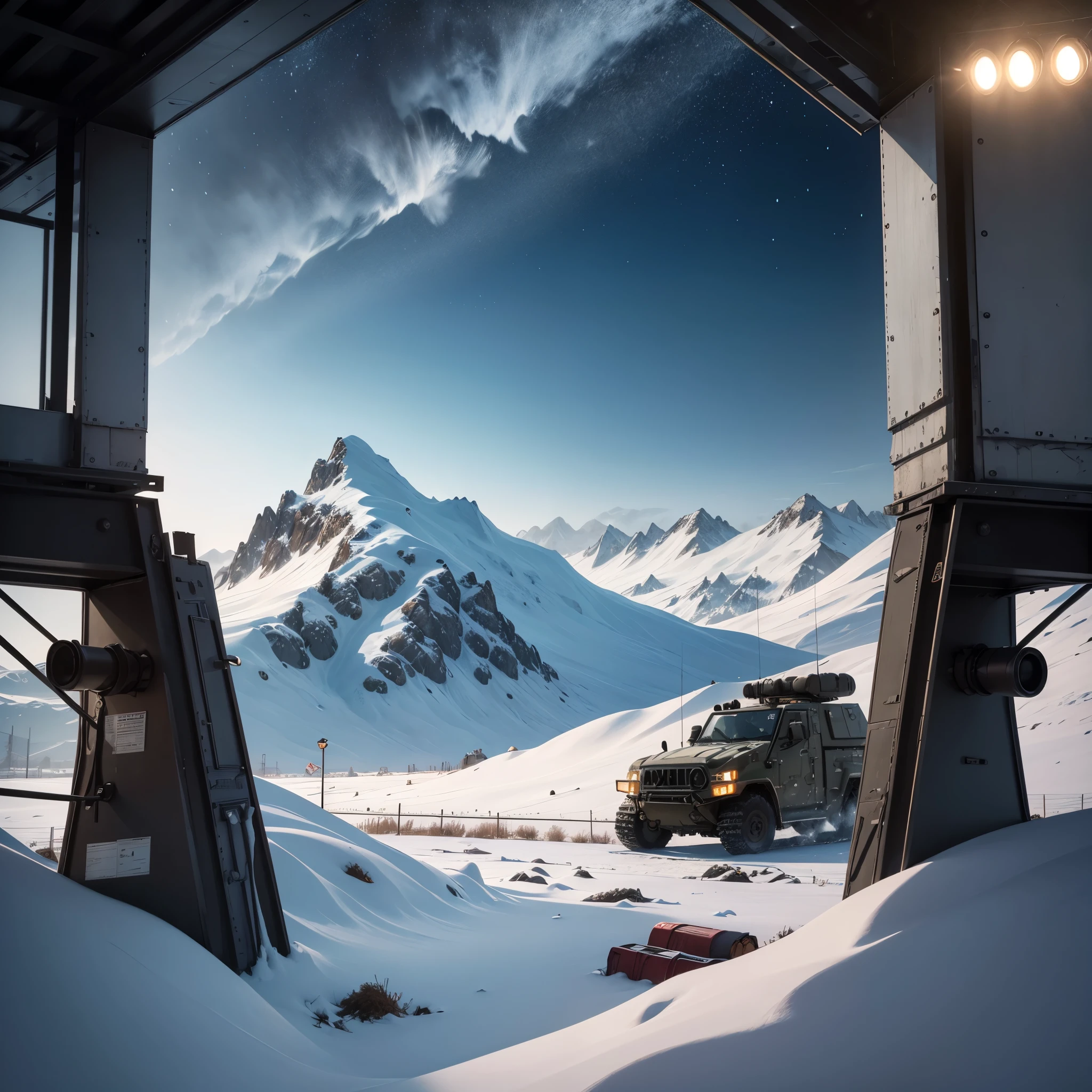 (best quality,4k,8k,highres,masterpiece:1.2),ultra-detailed,HDR,UHD,studio lighting,ultra-fine painting,sharp focus,physically-based rendering,extreme detail description,professional,vivid colors,bokeh,sculpture-like,icy blue hue,spotlight illumination,blurred background,[foggy], [snow-covered], [crisp air], [military vehicles], [helicopters flying], [guard towers], [satellite dishes],[snow-covered terrain],[command center],[military aircrafts], [icy winds], [audio signals],[stealth technology],[high-tech surveillance],[classified equipment],[mission briefing room],[aircraft hangar],[training grounds and obstacle courses], [strategic planning], [communication center],[explosions in the distance],[intense training exercises].