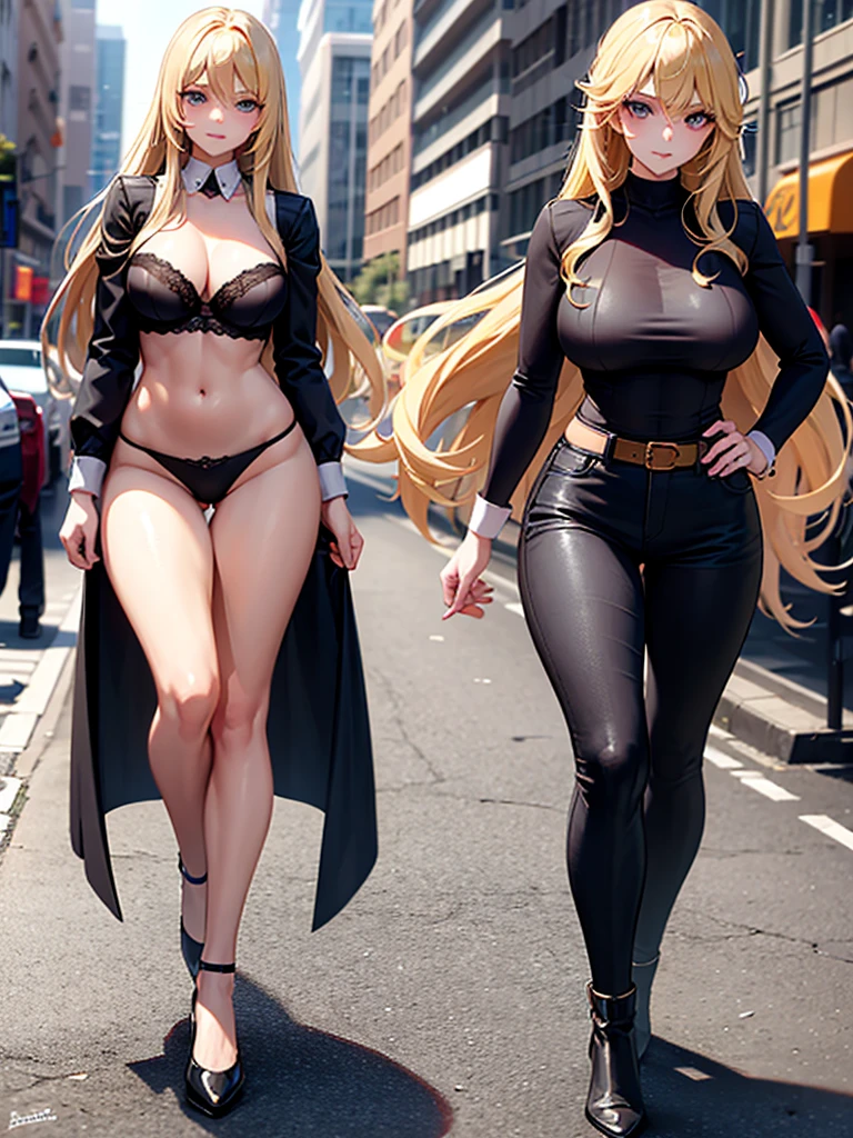 Young woman with long blonde hair, beautiful figure, beautiful face, beautiful breasts, wears a bra and panties, walks in the middle of the city.
