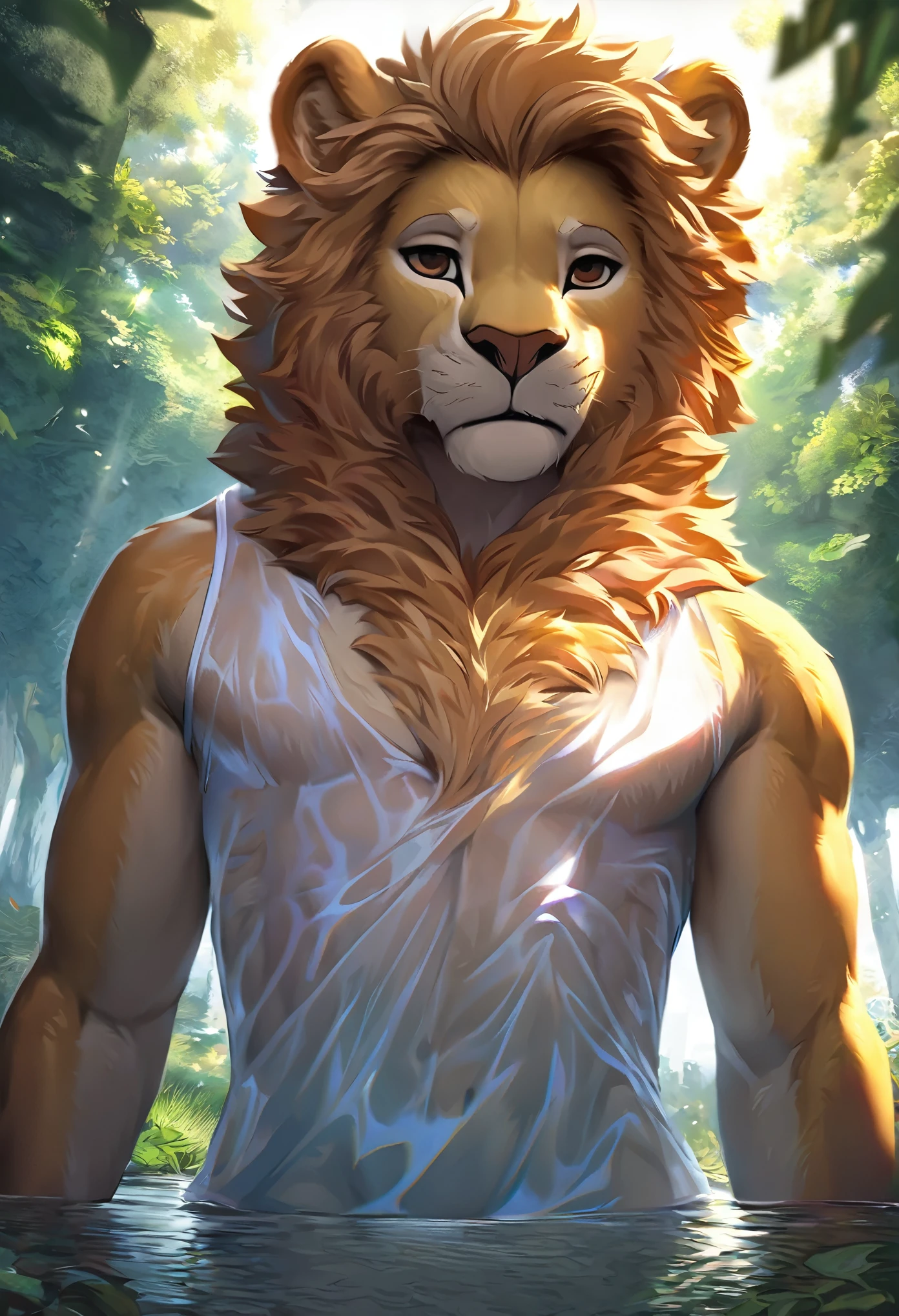 cover page, highres, top quality, best quality, paid reward available, unparalleled masterpiece, perfect artwork, absurdres, High-quality illustrations, bathing in water, beautiful refraction of water, shirt soaked in water, transparent clothing, Rich colors, Dreamy, mystical, erotic, dynamic and intricately defined muscular physique(In the forest where the stream flows, Backlighting)perfect anatomy((angelic cute 1boy))(Furry, Solo focus)(furry anthro:1.7)(((furry body, Facial features of male lion, Features of the male lion body)))(((muzzle of the male lion, very detailed furry body of male lion))))undress(portrait)cinematic lighting, dynamic angle,
