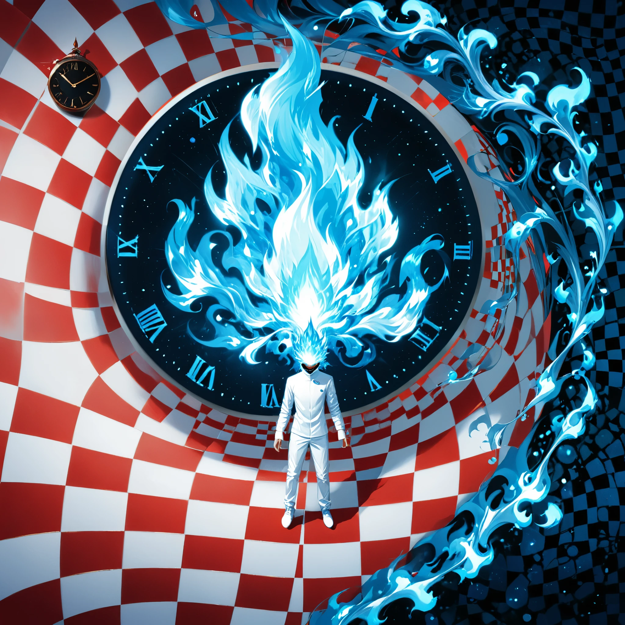 ((red and white checkered background)), checkered background,surrealist style,(depicting (((blue fire))) Elemental concept designed:1.2),(full_shot:1.2),space warp background,(clock_background:1.3),
BREAK
negative space composition,character design by liu ye,Nick Veasey,
BREAK
(long white hair:1.4),(white eyes:1.2),(white mechasuite:1.5),detail eyes
BREAK
(pose:1.4),(the lines of movement of the wind:1.4),simple background,(elementalized body:1.1),
