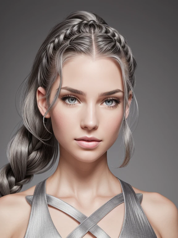 Cassandra is a tall young woman with pale skin, gray eyes and white wavy hair with gray streaks, braided into a high ponytail with many small braids. Two strands of hair and asymmetrical bangs go down the sides of the face