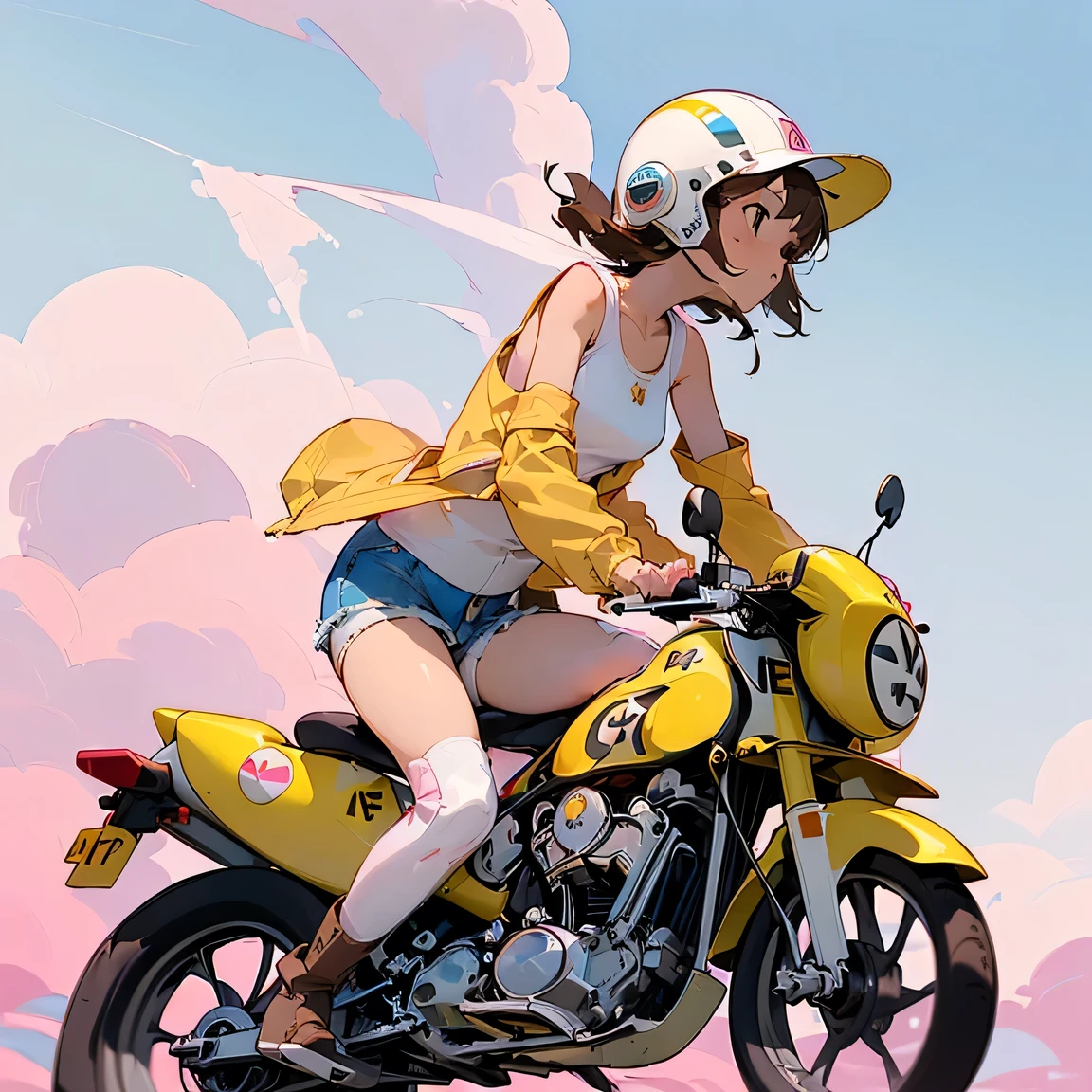 Beautiful Girls in Anime ,Clean small surfaces, (Magazine Cover:1), ((From the back:1.3))、((Riding on motorcycle)), (Lots of stickers:1.5), 1 cute girl, Highest quality、ウルトラ - High resolution、High resolution、Detailed CG、8k unit wallpaper、17 years old、Beautiful and beautiful eyes, Long Hair、(((Various kinds of colorful super shiny latex swimwear)))、(((After sunburn)))、VTuber Full Body Model、(Shiny body,:1.5)、((Mr..々Street fashion、Oversized sweatshirt、socks、Tech Sneakers))、Breast augmentation、blush, smile、(Upper Body)、Sky and Clouds