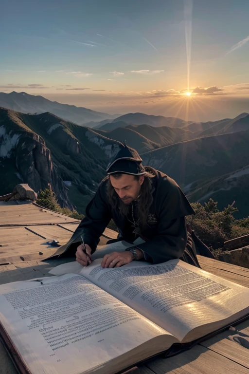 Amazing art of a wizard on top of a mountain, he is creating the big text "SeaArt" with magic, magic text, at dawn, at sunrise.