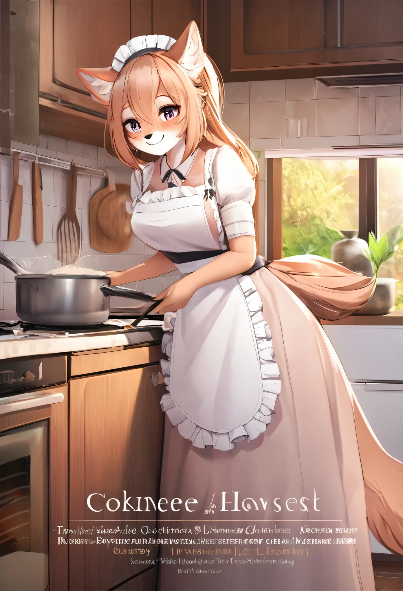 cover page, Cuisine Information Journal, highres, top quality, best quality, paid reward available, High-quality illustrations, unparalleled masterpiece, perfect artwork, absurdres(lovers, housekeeper girl, cooking, wolf husband)Newlyweds, kitchen, smile:0.2, perfect anatomy, cinematic lighting,