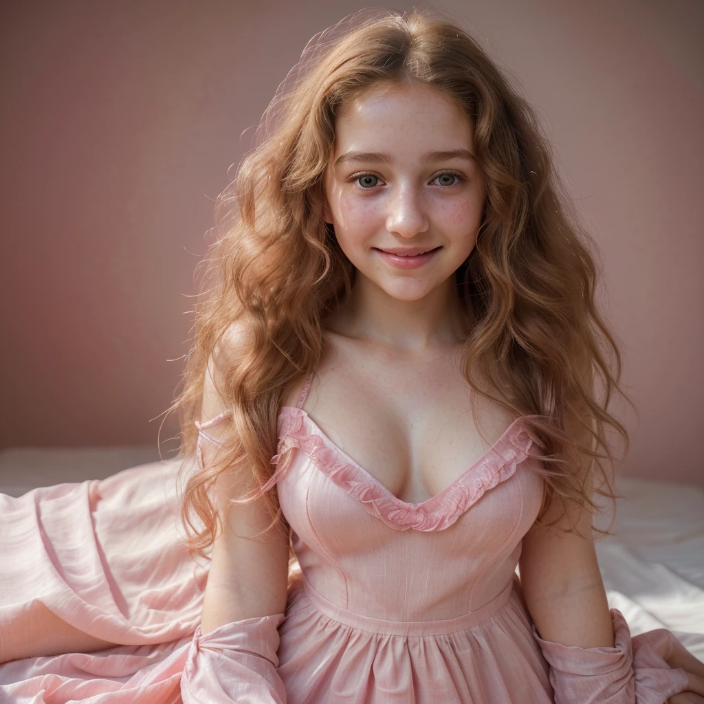 beautiful girl with a pink dress,soft, vibrant colors,portraits,realistic lighting,long curly hair,facial details,rosy cheeks,elegant pose,delicate fabric,gorgeous smile,subtle feminine beauty,artistic rendering,HDR,highres,masterpiece:1.2,smooth texture