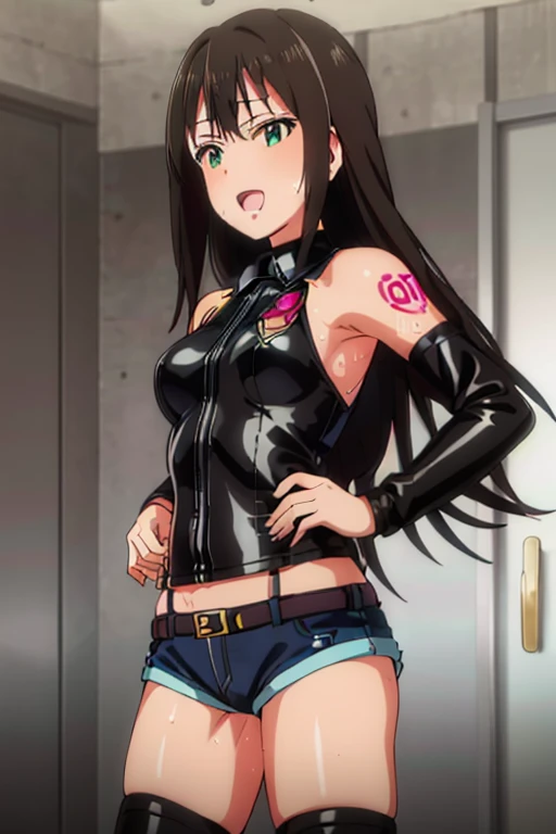 masterpiece, best quality, ultra-detailed, kawaii, cute, lovely, extremely detailed, 4K, 8K, best quality, beautiful, anime style, laboratory, rin shibuya,((QoS tattoo)), latex bodysuit, beautiful eyes, frustrated,orgasm,(leather jacket,naughty expression,denim shorts),(villain pose,open mouth,sweaty,be breathless),[peace],crazy smile,standing and (wide spread legs:1.2) and (squatting:0.8)