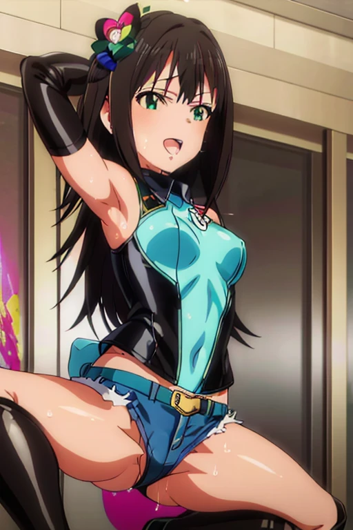 masterpiece, best quality, ultra-detailed, kawaii, cute, lovely, extremely detailed, 4K, 8K, best quality, beautiful, anime style, laboratory, rin shibuya,((QoS tattoo)), latex bodysuit, beautiful eyes, frustrated,orgasm,(leather jacket,naughty expression,denim shorts),(villain pose,open mouth,sweaty,be breathless),[peace],crazy smile,standing and (wide spread legs:1.2) and (squatting:0.8),(dark skin),Fishnet Bodystocking