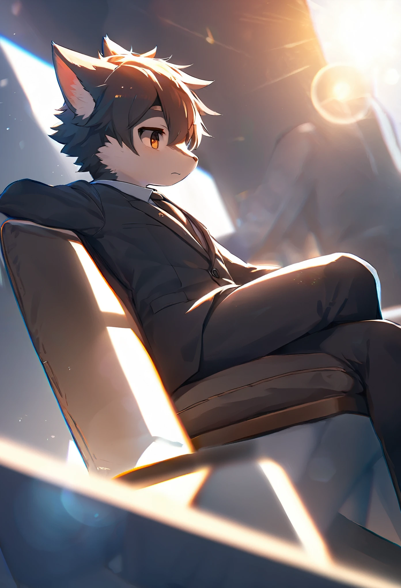 highres, top quality, best quality, paid reward available, High-quality illustrations, unparalleled masterpiece(1boy, kemono, suits, sitting on chair)neutral pose, thinking pose(furry anthro)absurdres, perfect anatomy, caustics, dynamic lighting, lens flare, cinematic shadow, cinematic angle,