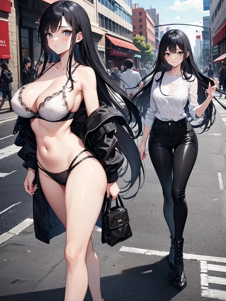 A girl with long black hair, a beautiful figure, a beautiful face, and large breasts wears a bra and panties, walking around the city in the middle of people.