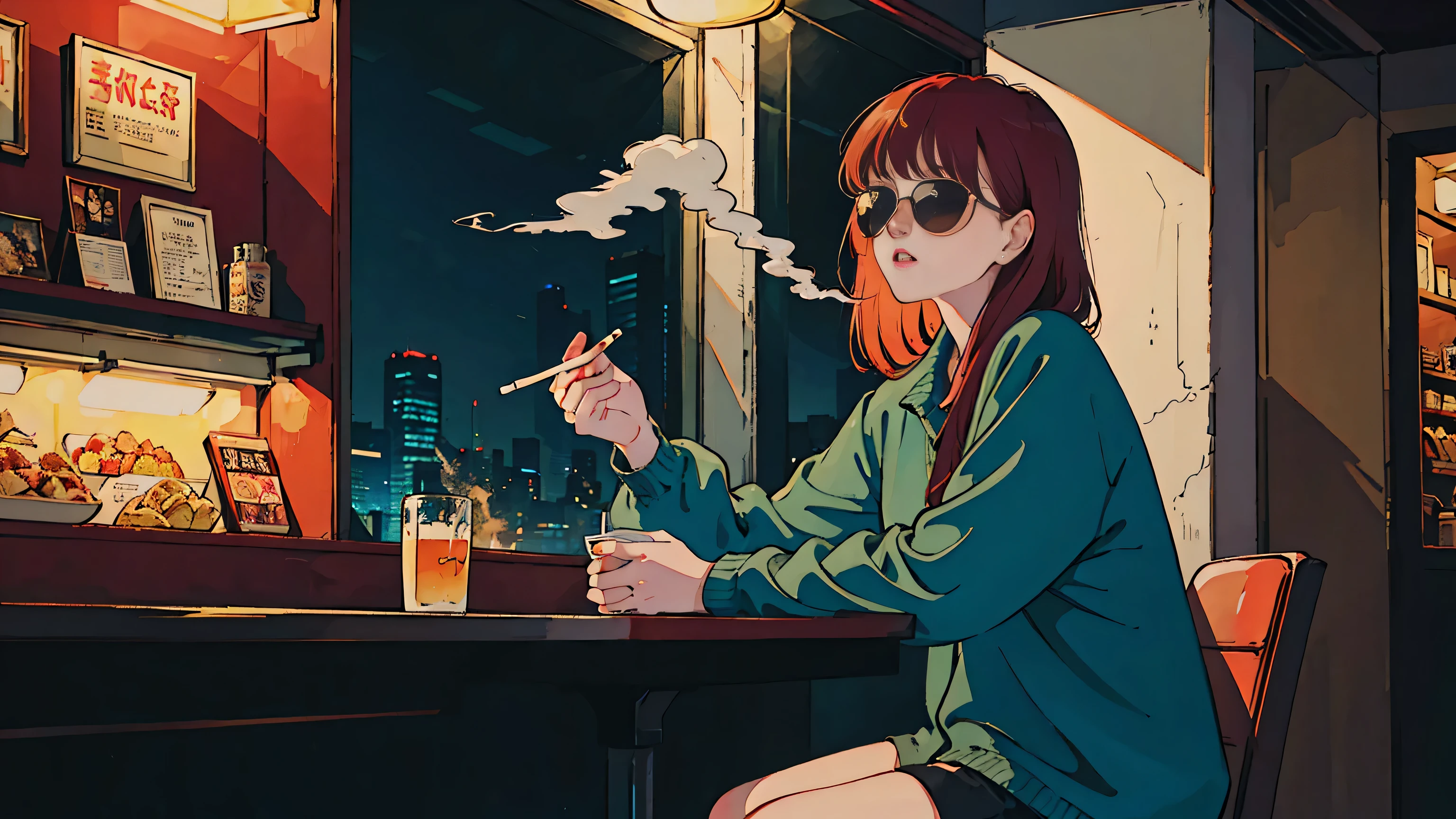 Beautiful redhead Asian girl sitting in a diner at night, Visible from the window, Perfect Face, sunglasses, Smoking white Taylormade cigarettes, Neon Black, (Backlight: 1.1), Hard Shadows, masterpiece, highest quality, Complex, Model shooting style, Vintage, Film Grain, Incomplete details