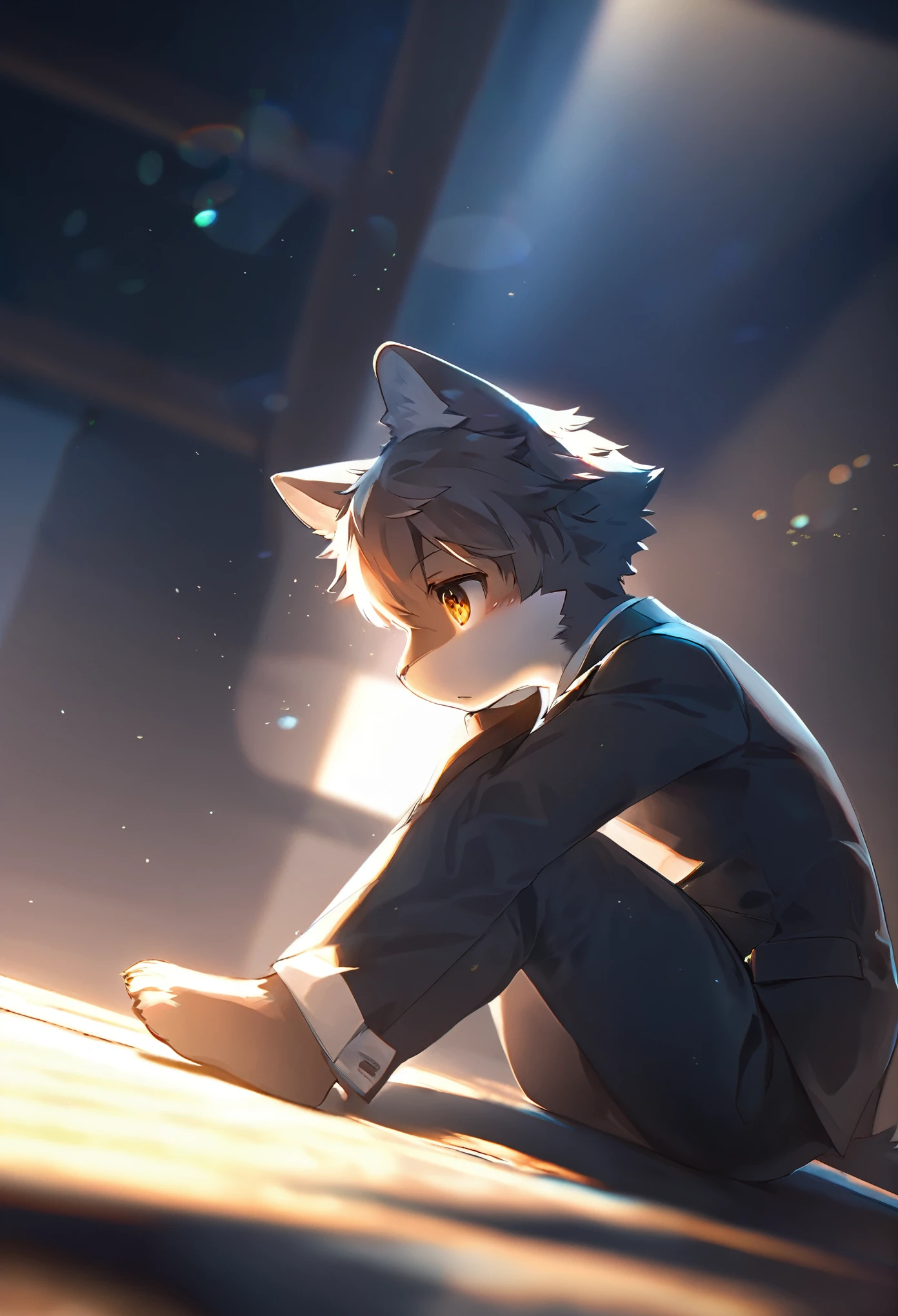 highres, top quality, best quality, paid reward available, High-quality illustrations, unparalleled masterpiece(1boy, kemono, suits, sitting on chair)neutral pose, thinking pose(furry anthro)absurdres, perfect anatomy, caustics, dynamic lighting, lens flare, cinematic shadow, cinematic angle,