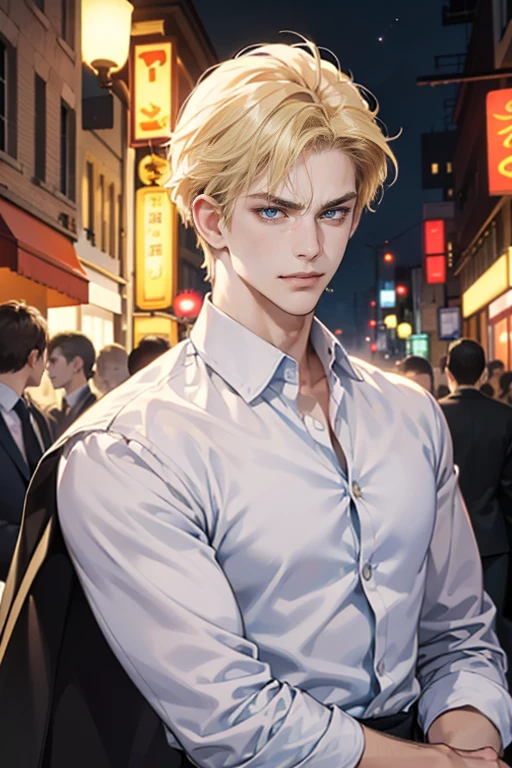 (tmasterpiece, high resolution, ultra - detailed:1.0), (1 boy, Young male, masculine face), Perfect male body, tall and strong, Adult male, Delicate eyes and delicate face, Extremely detailed CG, Unity 8k wallpaper, Complicated details, Detailed face, (blond hair, messy hair, serious faces, white shirts,Bad students), (frown,evil smile:1.3), Outdoor, (Street at night), street style, color difference, Depth of field, dramatic shadow, Ray tracing, Best quality, Cinematic lighting, offcial art,Portrait