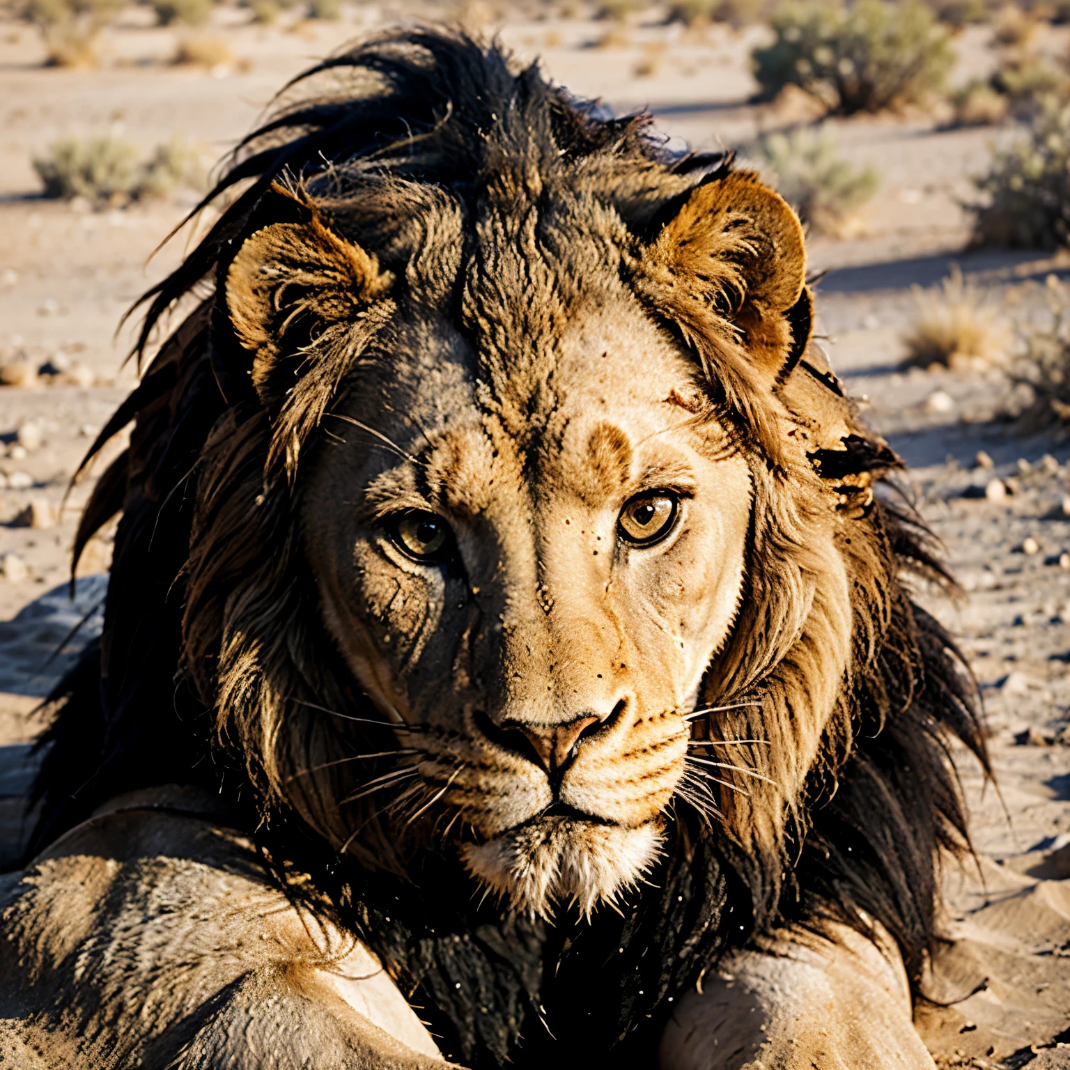 Lion with scarred face in the desert