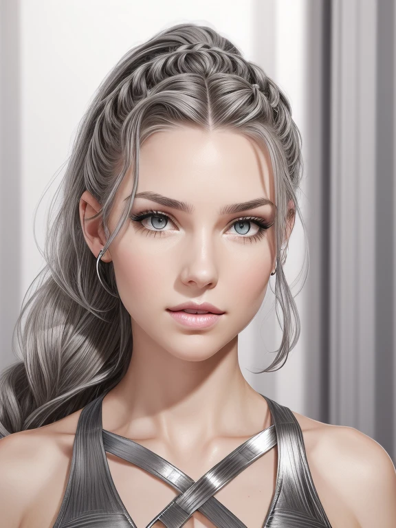 Cassandra is a tall young woman with pale skin, gray eyes and white wavy hair with gray streaks, braided into a high ponytail with many small braids. Two strands of hair and asymmetrical bangs go down the sides of the face