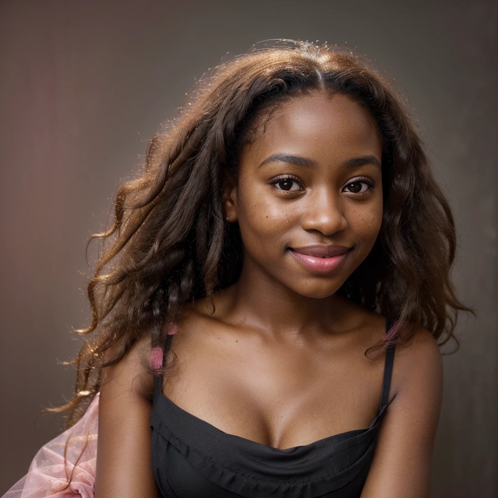 beautiful black girl with a pink dress,soft, vibrant colors,portraits,realistic lighting,long curly hair,facial details,rosy cheeks,elegant pose,delicate fabric,gorgeous smile,subtle feminine beauty,artistic rendering,HDR,highres,masterpiece:1.2,smooth texture
