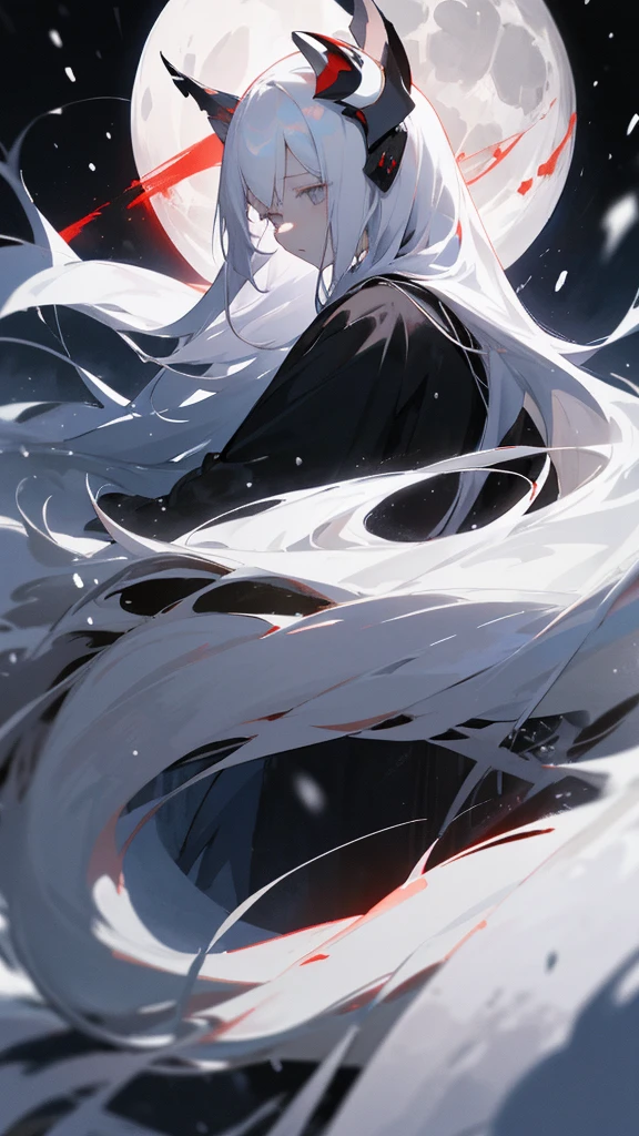 (masterpiece、highest quality)、Very long white hair、Very long white hairの女の1人、Black cardigan、Grim expression、Grey Eyes、Warm lighting、 Blurred foreground、Deep in the night、High Contrast、night,snowing,Heavy snowfall,winter,Alone in the vast snowy field,whole body,curse,Facing forward,Huge construction,Flying with robot wings,Long Hair,Pitch black night,full moon,universe,Princess Kaguya,planet,red