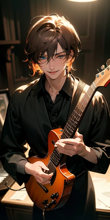 (masterpiece, best quality),ultra-detailed,(realistic,photorealistic,photo-realistic:1.37), male, dominant, dark atmosphere, sharp eyes, solo, sharp chin, musician, warm lighting, hot chocolate hair, bright azure eyes, musician's attire, home studio, musical equipment, gloomy, dreamy, dominant grin, soft focus