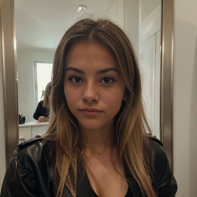 Row photo,jeune fille blonde,bête de battage publicitaire,vêtement de rue ,high quality image , extrement realiste , toute habille , selfie dans son miroir de salon