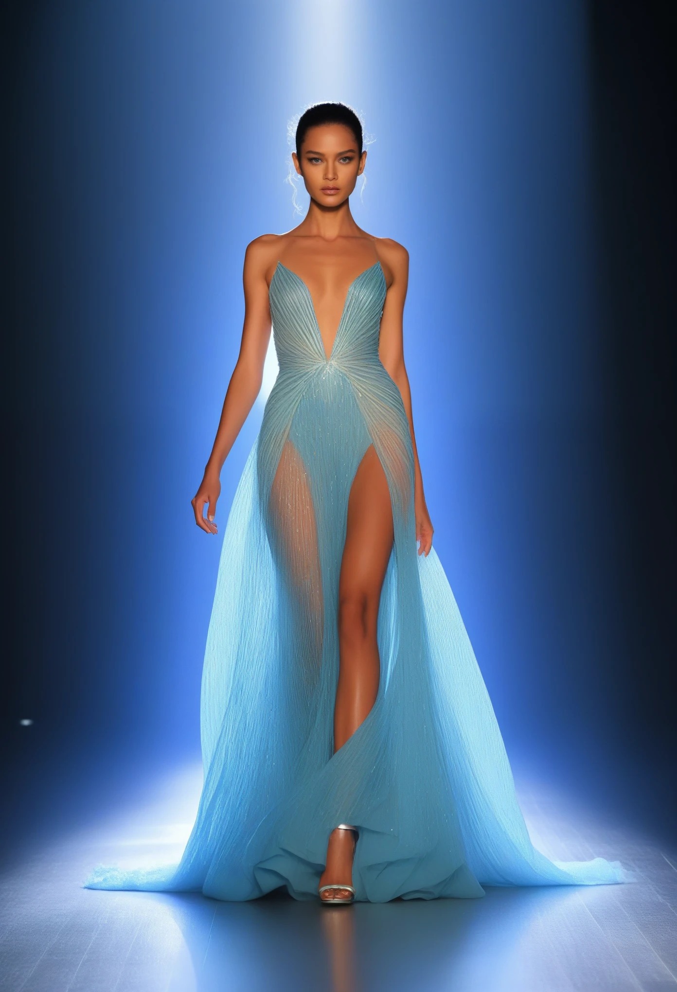 best quality,4k,8k,highres,masterpiece:1.2,ultra-detailed,realistic:1.37,Hau haute couture,a holographic model,walks a runway made of light particles,showcasing a dress that shimmers and changes color with every step,glamorous atmosphere,holographic effects,high fashion vibes,luxury,high-end design,sophisticated,exquisite details,dynamic lighting,lively colors,vibrant hues,ethereal,effortless movement,runway lights,illuminated backdrop,creative energy,spectacular visual display,futuristic technology,mesmerizing patterns,fluid silhouette,highly detailed fabric textures,dynamic color gradients,eye-catching spectacle,innovative fashion,avant-garde design,elegance in motion,artistic presentation,dazzling effects,perfectly tailored,world-class fashion show,meticulous craftsmanship,luxe materials,innovative design concepts,conceptual runway,diversity of colors and textures,dreamlike ambiance,impressive stage production