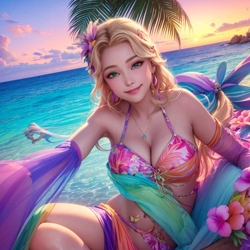 (best quality,4k,highres,masterpiece:1.2),ultra-detailed,realistic(1.37),portrait,alien princess,relaxing,beach,busty,neon trim bikini,long blonde hair,violet skin,deep solid green eyes,fantastic sunset,crimson sand,gentle waves,salty breeze,seagulls flying overhead,sparkling turquoise water,surrounded by palm trees,tropical paradise,serene expression,dreamy smile,vibrant colors,soft lighting,glowing sunset,purple shades,pink hues,magical atmosphere