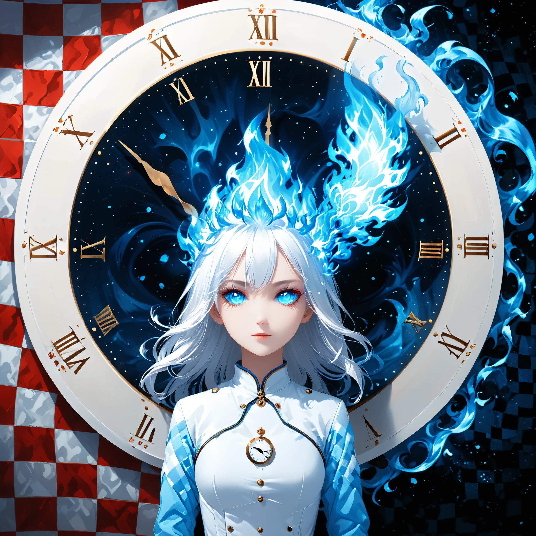 (red and white checkered background), checkered background,surrealist style,(depicting (((blue fire))) Elemental concept designed:1.2),(full_shot:1.2),space warp background,(clock_background:1.3),
BREAK
negative space composition,character design by liu ye,Nick Veasey,
BREAK
(long white hair:1.4),(white eyes:1.2),(white mechasuite:1.5),detail eyes
BREAK
(pose:1.4),(the lines of movement of the wind:1.4),simple background,(elementalized body:1.1),
