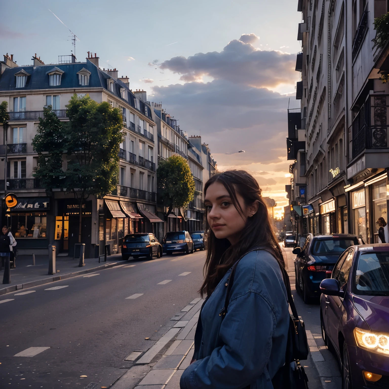 (Paris cityscape at sunset), sunlight illuminates one side of the buildings, and the other has blue and violet tones. Street, people, cars, cafes, movement and a sky that is getting darker little by little, Photo quality image, high quality image, 50mm, cinematic, kodak portra 400.