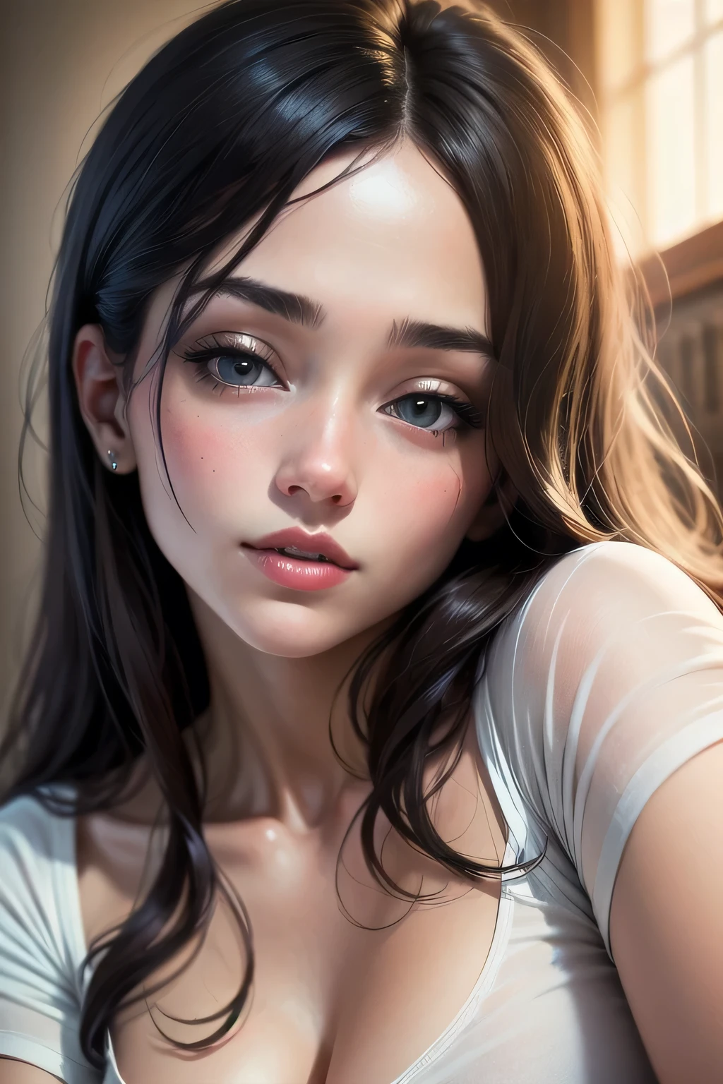 (best quality,highres:1.2),ultra-detailed,realistic:1.37,portrait,woman with beautiful face,detailed eyes and lips,seductive eyes,long straight hair,black brown hair color,blushing intensely,lips parted,ready to kiss,long oversized white shirt,lying on bed,sexy,cute