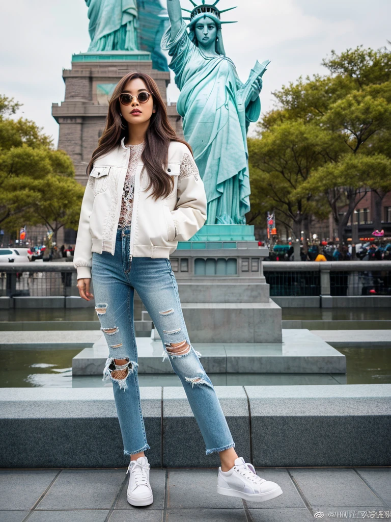 beautiful Indonesian women. long black and brown hair. wearing a white levis jacket with white lace, wearing jeans, wearing shoes. wearing sunglasses, background of the Statue of Liberty in ((New York)). random facing, HD quality. Original photo. 18k