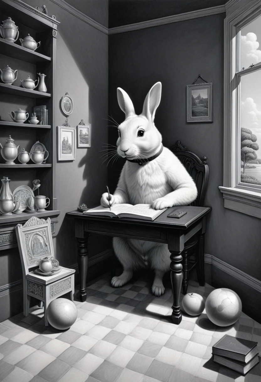 monochrome, (masterpiece, best quality, Professional, perfect composition, very aesthetic, absurdres, ultra-detailed, intricate details:1.3), by Chris Van Allsburg