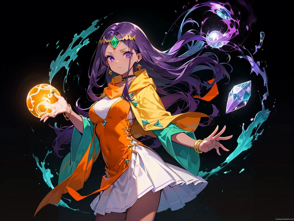 masutepiece, Best Quality, (the Extremely Detailed CG Unity 8K Wallpapers), (Best Quality), (Best Illustrations), (Best Shadows),  Ray tracing, Octane Rendering,   (Minea from DQ4), fortune teller, (Silver Tarot), medium breasts, (long hair), purple eyes, (dark purple hair:1.8), (forehead:1.3), choker, bracelet, (dark orange poncho:1.2), (yellow stole:1.5), (white long skirt:1.6), (orange dress:1.4),  (silver circlet:1.5), (dark skin:1.3), (emerald earrings:1.2),  closed mouth, (with a crystal ball), cowboy shot, at cave,  (spelled heal magic:1.5), solo, (Green glow healing),