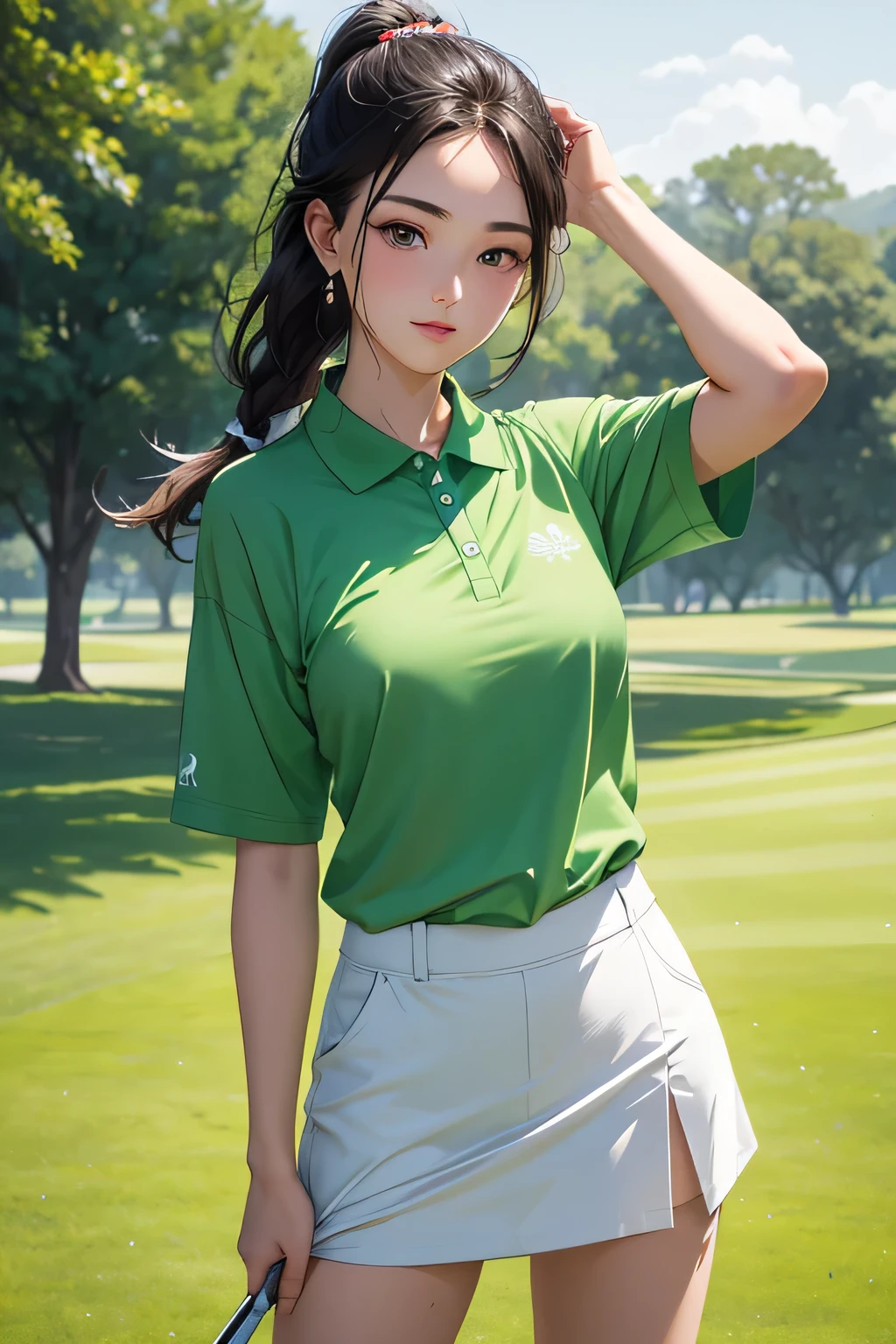 highest quality、High resolution、Detailed Background、(Beautiful face in every detail:1.4)、Anatomically correct、(Detailed facial expressions)、(Detailed eyes:1.2)、Beautiful women in their 20s、(Highly detailed face:1.4)、Light color hair、Braided Ponytail、Bobcut、Fit on one screen、
The morning sun shining onto the golf course、Standing on the tee、
The wind blows pleasantly、The grass is shining with fresh green color、
The golfer's body is kept firmly centered while the club strikes the ball accurately.、
By depicting the golfer's powerful facial expression, we express the power of the moment of impact.、
It depicts the trajectory of the club as the golfer swings it with perfect balance.、
The straight back posture and the position of the hands when releasing the club、By drawing a relaxed expression, we express the stability and perfection of a perfect swing.、
A colorful polo shirt and a cute skirt combo、 Polo shirts in bright colors or stripes will give you a refreshing look.、Sports dress for golf、The material and design are easy to move in, and the colorful coloring gives a sporty impression while enhancing femininity.、No sleeve、Miniskirt、cute