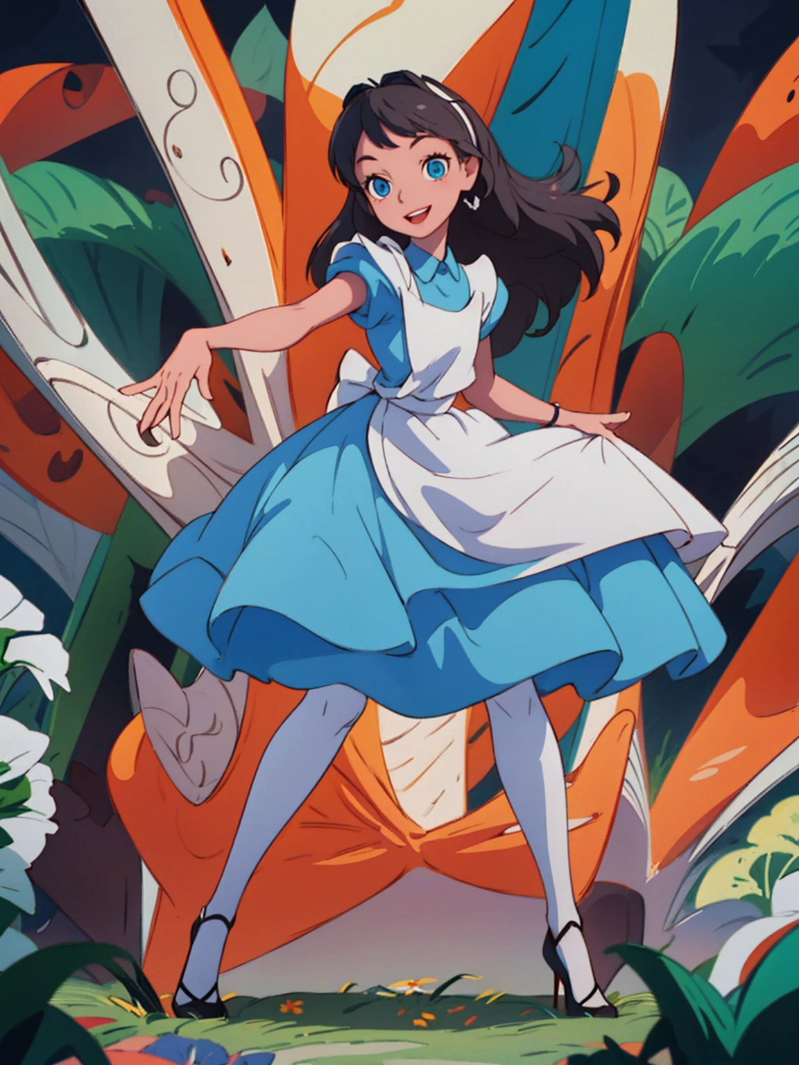 (masterpiece:1.4), (best qualit:1.4), (high resolution:1.4), alice liddell, blue dress, white apron, black hairband, smile, looking at viewer, full body
