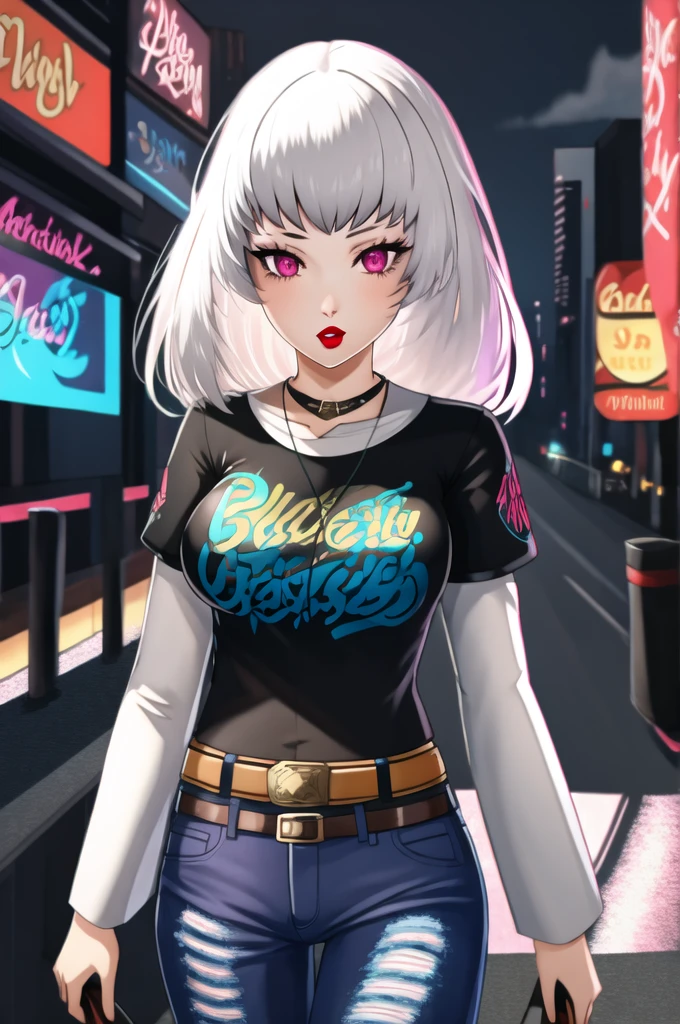 (masterpiece:1.2), best quality, high resolution, 1girl, solo, lysithea, white hair, pink eyes, 1girl, solo, black t-shirt, white shirt, blue jeans, belt, lipstick, large breasts, layered sleeves