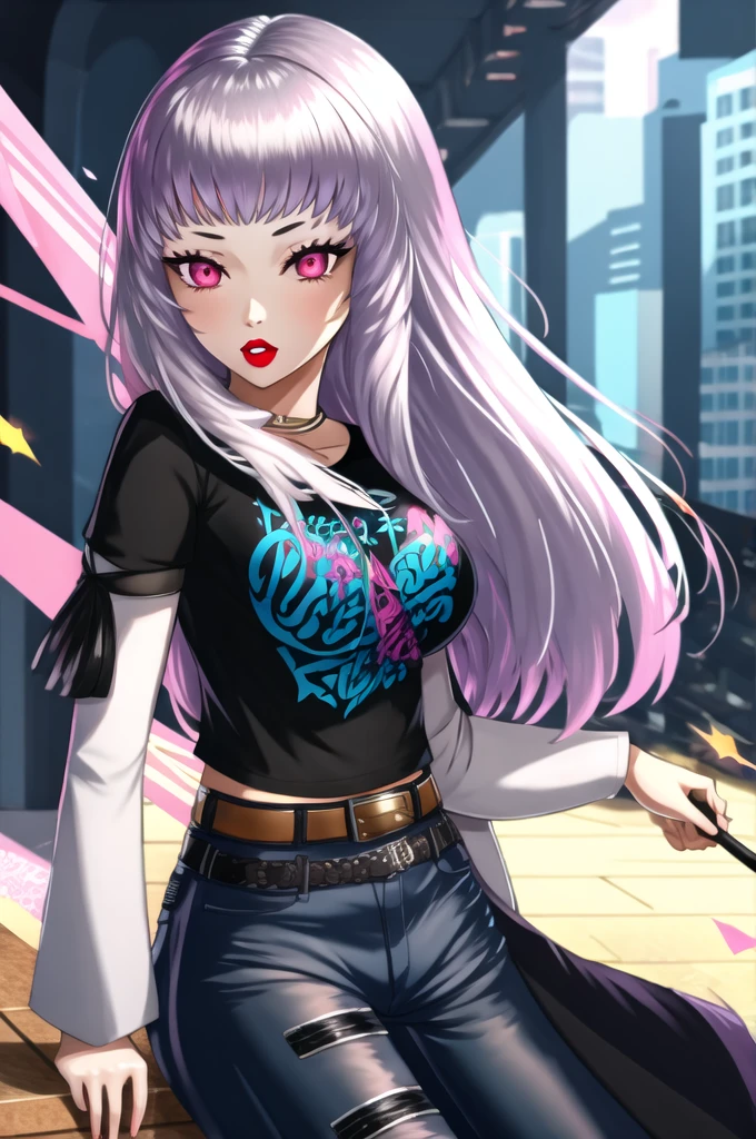 (masterpiece:1.2), best quality, high resolution, 1girl, solo, lysithea, white hair, pink eyes, 1girl, solo, black t-shirt, white shirt, blue jeans, belt, lipstick, large breasts, layered sleeves