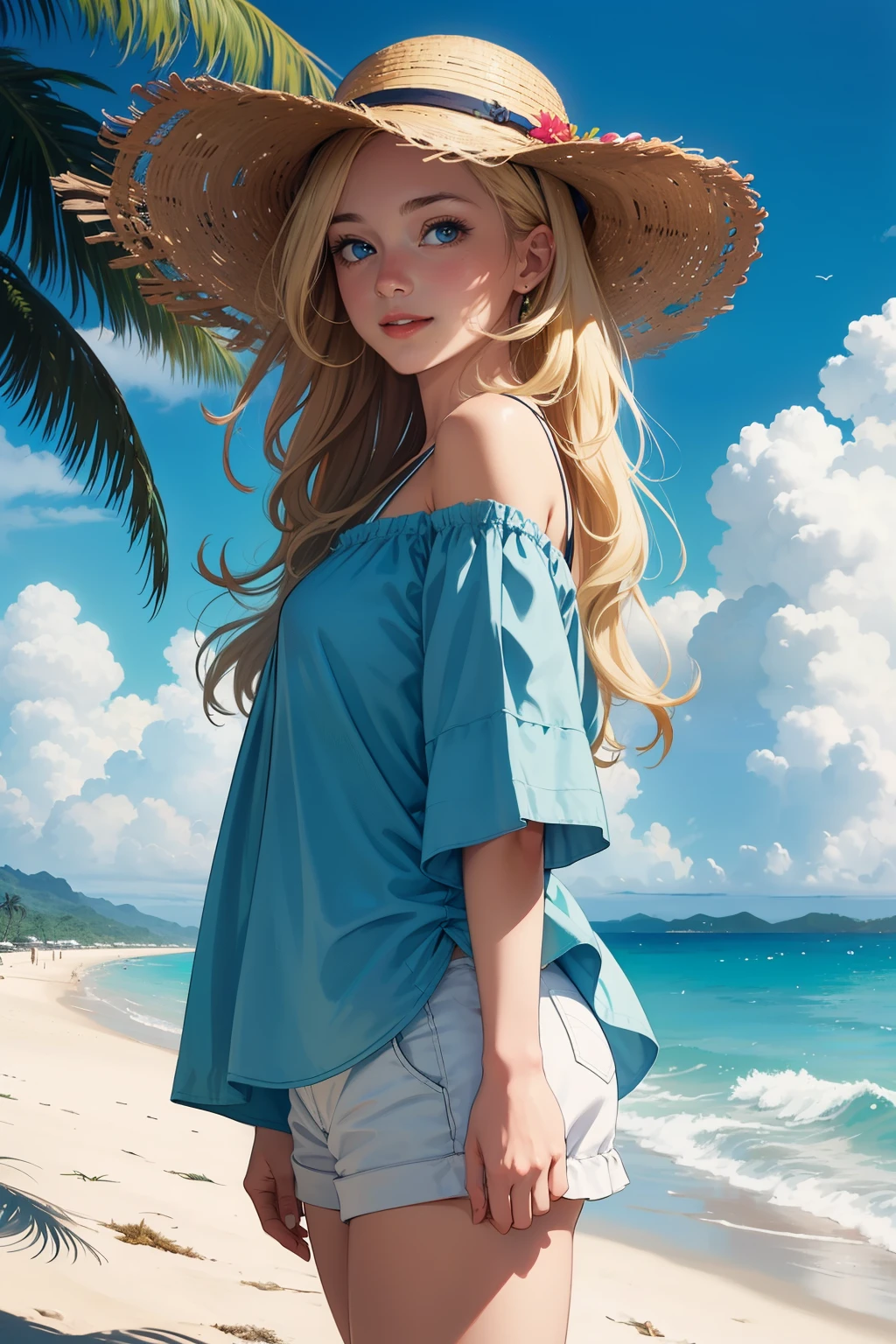 Rococo style, (poster:1.2), soft light, (Elevation:1.25), (Solitary:1.4), (1 girl), ((Blonde Hair), Long curly hair), blue eyes, (Smile), beach straw hat, (Off-shoulder shirt), Hat Flower, (looking off to the side:1.3), Wonderful and colorful, ocean, Palm tree, Blue sky and white clouds, (beach:1.3), (masterpiece:1.2), Super detailed, (best quality), number, (Boundary depth written) Hawaiian Gian