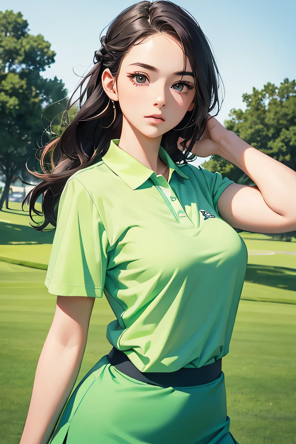 highest quality、High resolution、Detailed Background、(Beautiful face in every detail:1.4)、Anatomically correct、(Detailed facial expressions)、(Detailed eyes:1.2)、Beautiful women in their 20s、(Highly detailed face:1.4)、Light color hair、Braided Ponytail、Bobcut、Fit on one screen、
The morning sun shining onto the golf course、Standing on the tee、
The wind blows pleasantly、The grass is shining with fresh green color、
The golfer's body is kept firmly centered while the club strikes the ball accurately.、
By depicting the golfer's powerful facial expression, we express the power of the moment of impact.、
It depicts the trajectory of the club as the golfer swings it with perfect balance.、
The straight back posture and the position of the hands when releasing the club、By drawing a relaxed expression, we express the stability and perfection of a perfect swing.、
A colorful polo shirt and a cute skirt combo、 Polo shirts in bright colors or stripes will give you a refreshing look.、Sports dress for golf、The material and design are easy to move in, and the colorful coloring gives a sporty impression while enhancing femininity.、No sleeve、Miniskirt、cute