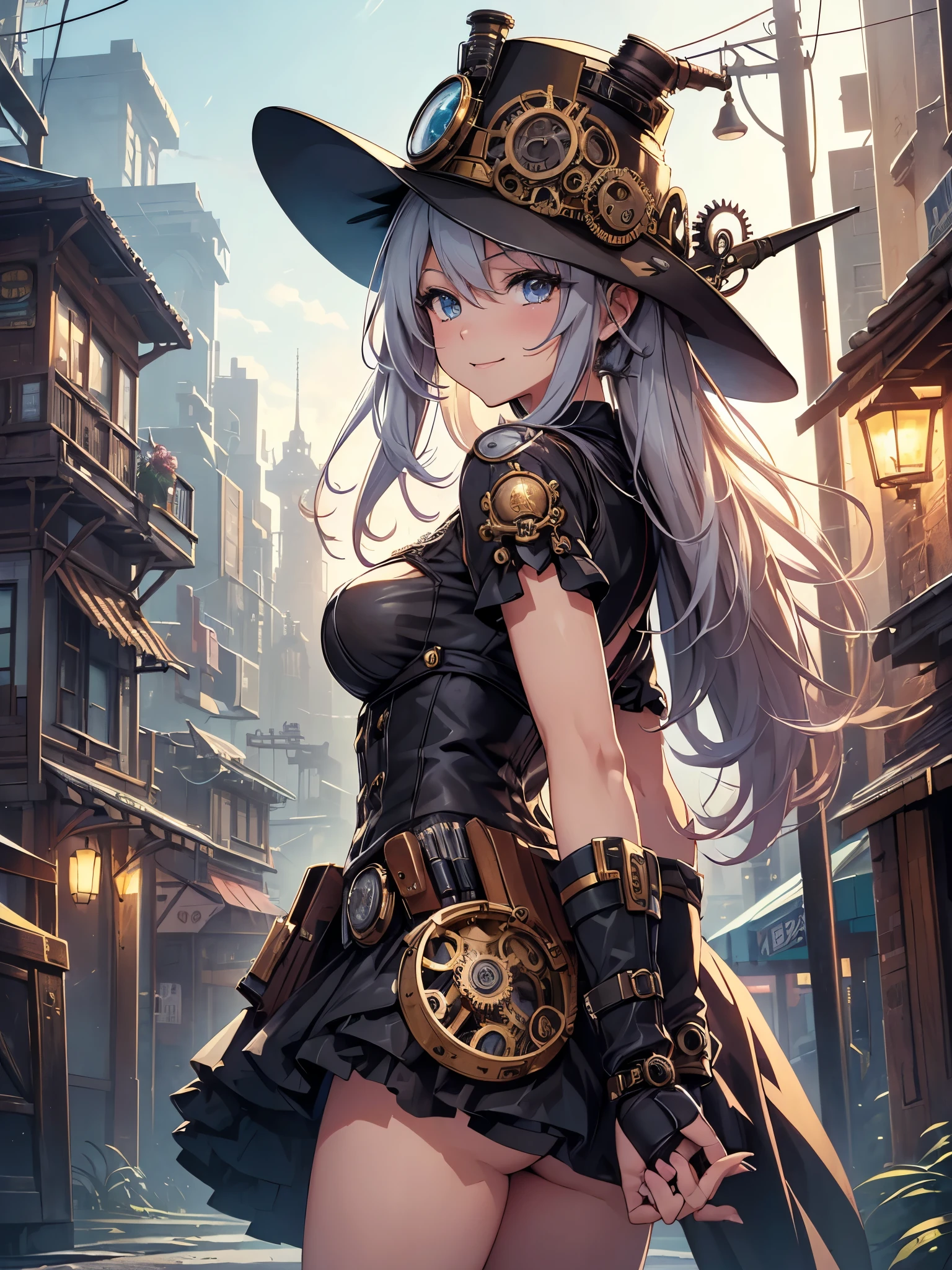 (Line art_anime),(Cowboy Shot,Low Angle, highest quality, ),(Laura Budd Photos:1.2),(Laura Add details:1.0),8k, Flat Color:0.8,1 girl,smile,(Highly decorative and complex mechanical steampunk fashion, Lace flare dolphin hat、goggleusket_Hold a pistol in your hand 1.5、machinery background、Gear background、An elaborately mechanized steampunk cityscape 1.5),Cute pose,