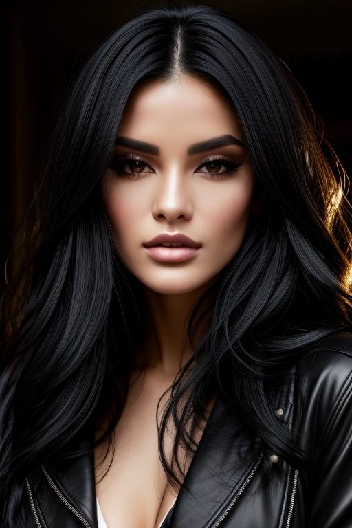 a young beautiful woman with long black hair and a black jacket, i can't believe how beautiful and sexy she is, distinct facial features, layered textures, strong contrast between light and dark, sharp attention to detail