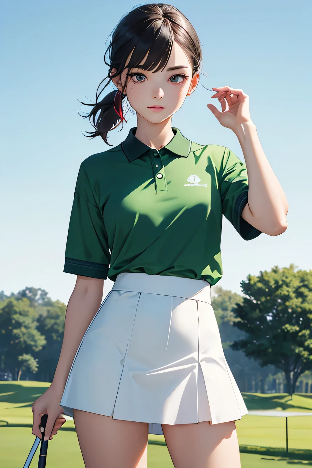 highest quality、High resolution、Detailed Background、(Beautiful face in every detail:1.4)、Anatomically correct、(Detailed facial expressions)、(Detailed eyes:1.2)、Beautiful women in their 20s、(Highly detailed face:1.4)、Light color hair、Braided Ponytail、Bobcut、Fit on one screen、
The morning sun shining onto the golf course、Standing on the tee、
The wind blows pleasantly、The grass is shining with fresh green color、
The golfer's body is kept firmly centered while the club strikes the ball accurately.、
By depicting the golfer's powerful facial expression, we express the power of the moment of impact.、
It depicts the trajectory of the club as the golfer swings it with perfect balance.、
The straight back posture and the position of the hands when releasing the club、By drawing a relaxed expression, we express the stability and perfection of a perfect swing.、
A colorful polo shirt and a cute skirt combo、 Polo shirts in bright colors or stripes will give you a refreshing look.、Sports dress for golf、The material and design are easy to move in, and the colorful coloring gives a sporty impression while enhancing femininity.、No sleeve、Miniskirt、cute