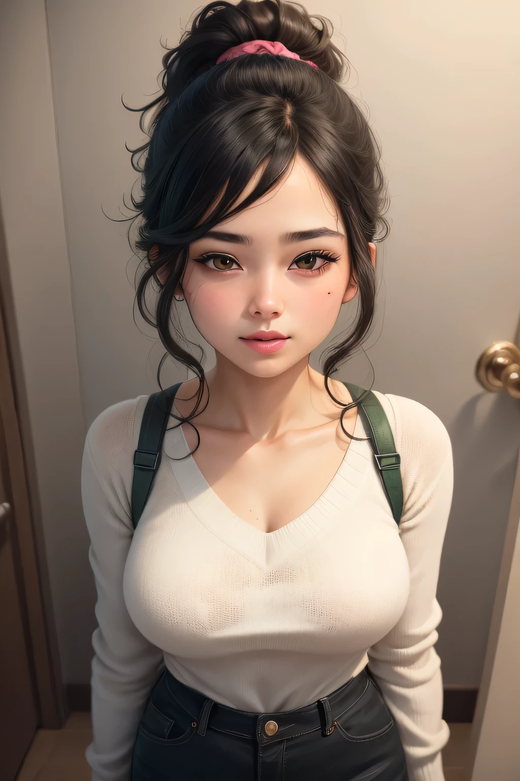 Amazing portrait of a sexy woman wearing her luscious black hair in a cute ponytail and seductively gazing and smiling with her soft lips which are parted while blushing intensely and smiling wearing a dark green sweater and cream cargo pants having a medium chest with cleavage and a perfect body