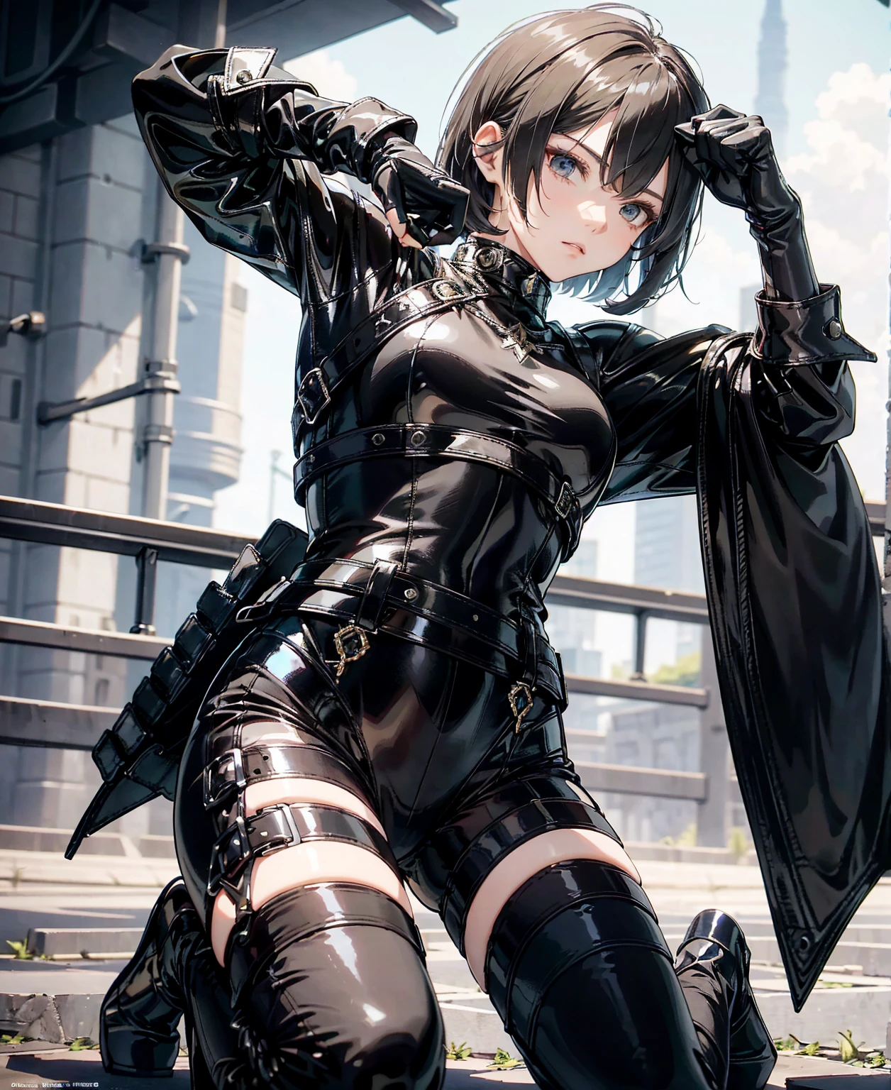 Best Quality，T Masterpiece，Ultimate resolution，１８Old female fighter，Slender、Very slim、Small face、cute、（Kneeling pose），Black Super Short Hair，Shiny patent leather tight black combat uniform，Tight Suit，gloves、Steel City Background，night